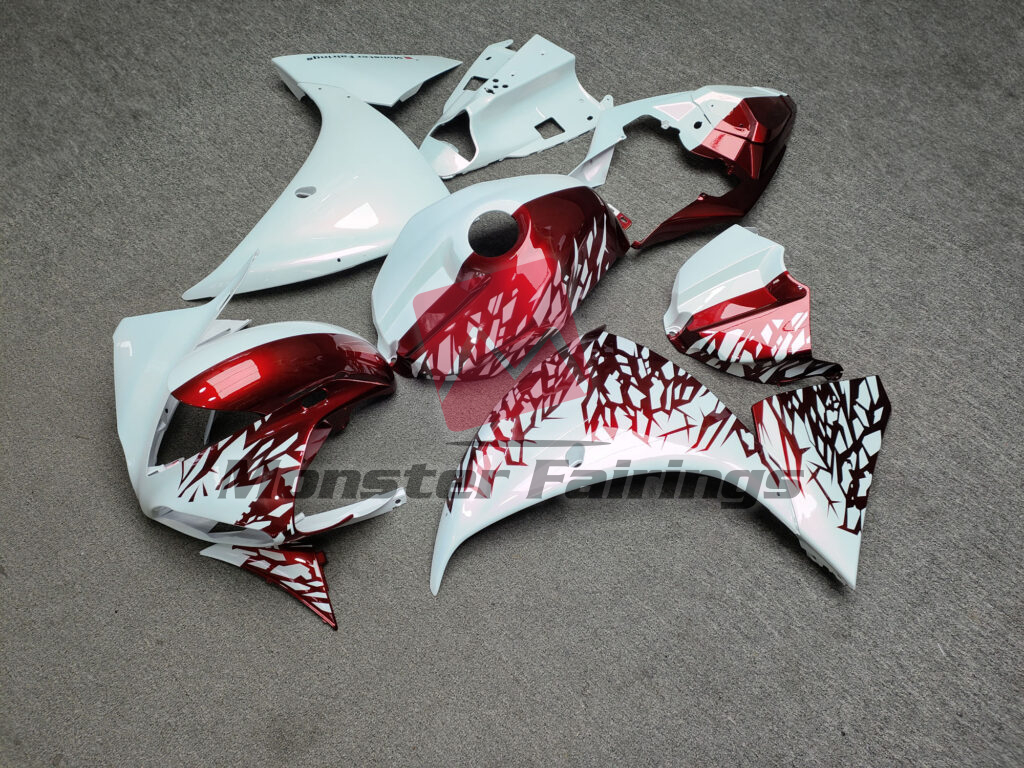 Yamaha R1 custom ABS fairings 2009 - 2011 in Gloss Pearl White & Candy Red Shattered Split - durable replacement kit, Monster Fairings