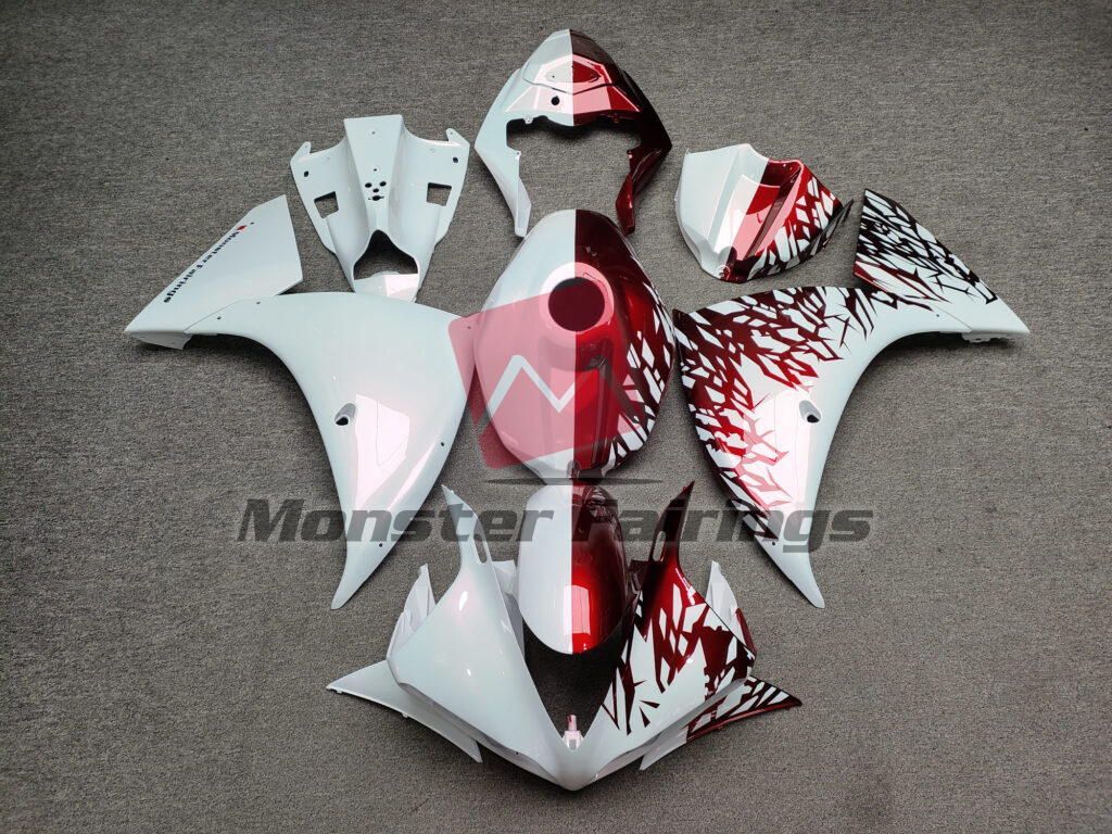 Yamaha R1 2009 - 2011 Gloss Pearl White & Candy Red Shattered Split ABS fairings - custom motorcycle bodywork kit by Monster Fairings