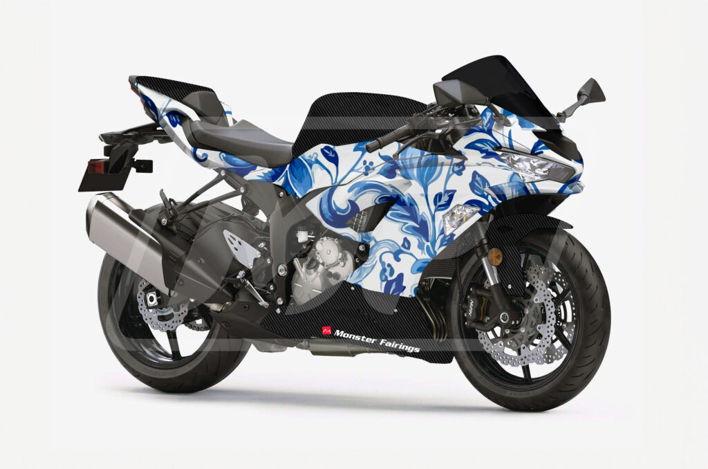 Gloss Pearl White Blue Flowers & Carbon Fiber ABS fairings for Kawasaki ZX6R 2019 - 2023 - premium OEM fit kit by Monster Fairings