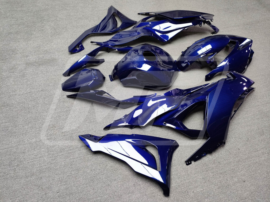 2024 - 2025 Kawasaki ZX6R Gloss Blue Carbon Fiber fairing set - ABS injection, custom painted by Monster Fairings