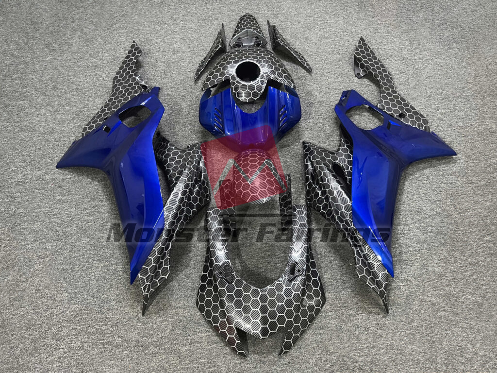 Yamaha R6 2017 - 2022 Gloss Carbon Fiber Honeycomb & Blue ABS fairings - custom motorcycle bodywork kit by Monster Fairings