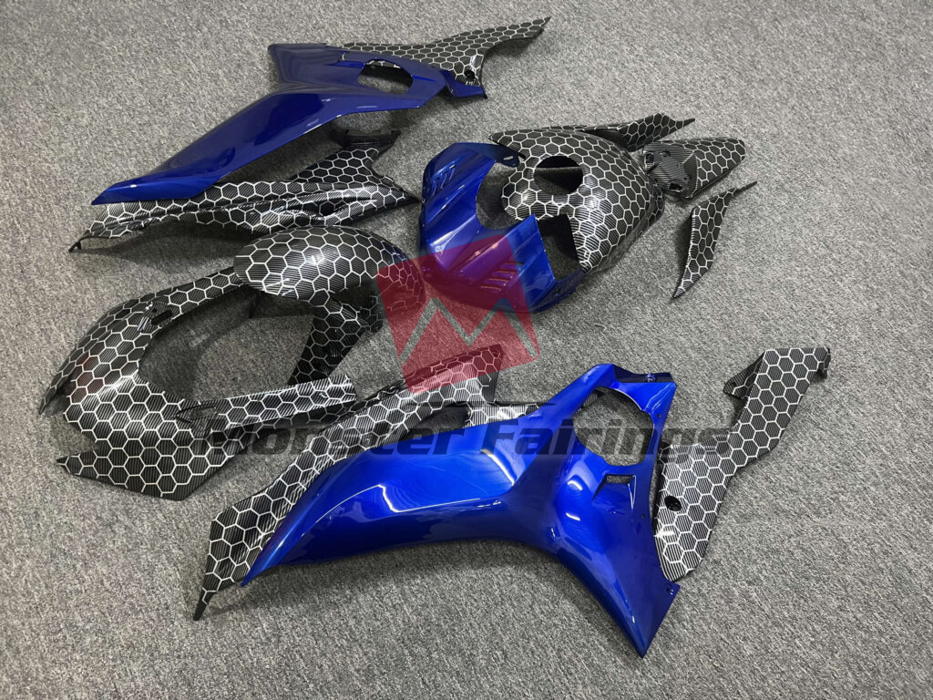 Yamaha R6 custom ABS fairings 2017 - 2022 in Gloss Carbon Fiber Honeycomb & Blue - durable replacement kit, Monster Fairings