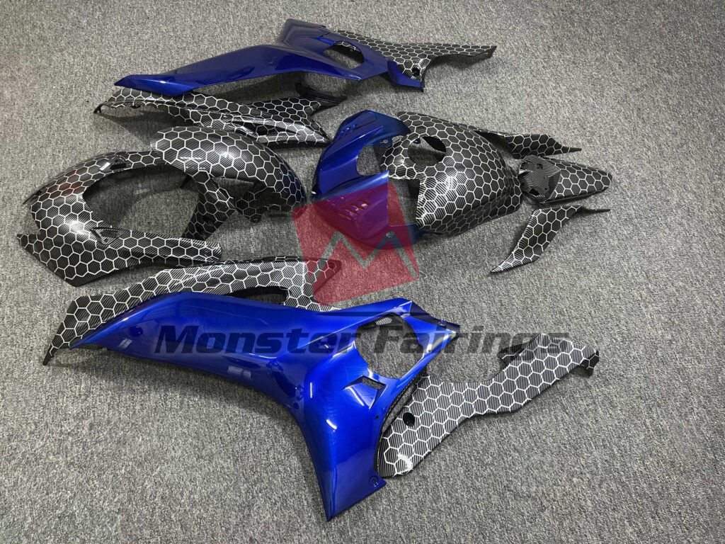 2017 - 2022 Yamaha R6 Gloss Carbon Fiber Honeycomb & Blue fairing set - ABS injection, custom painted by Monster Fairings