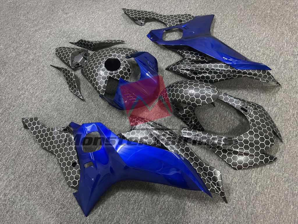 Monster Fairings ABS fairing kit for Yamaha R6 2017 - 2022 - Gloss Carbon Fiber Honeycomb & Blue, precise OEM fit