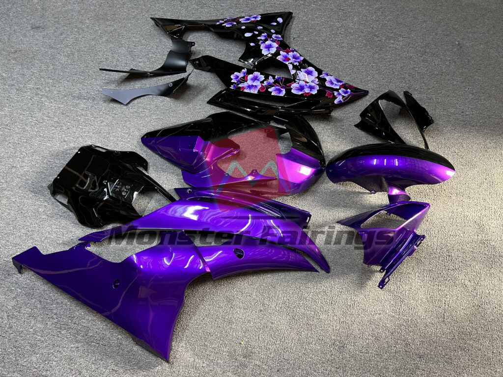 Yamaha R6 custom ABS fairings 2008 - 2016 in Gloss Black & Purple Cherry Blossom Split - durable replacement kit, Monster Fairings
