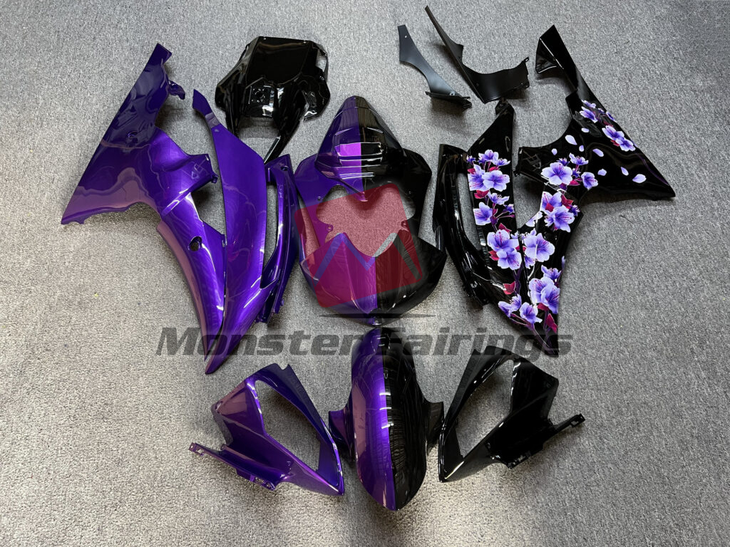 Yamaha R6 2008 - 2016 Gloss Black & Purple Cherry Blossom Split ABS fairings - custom motorcycle bodywork kit by Monster Fairings