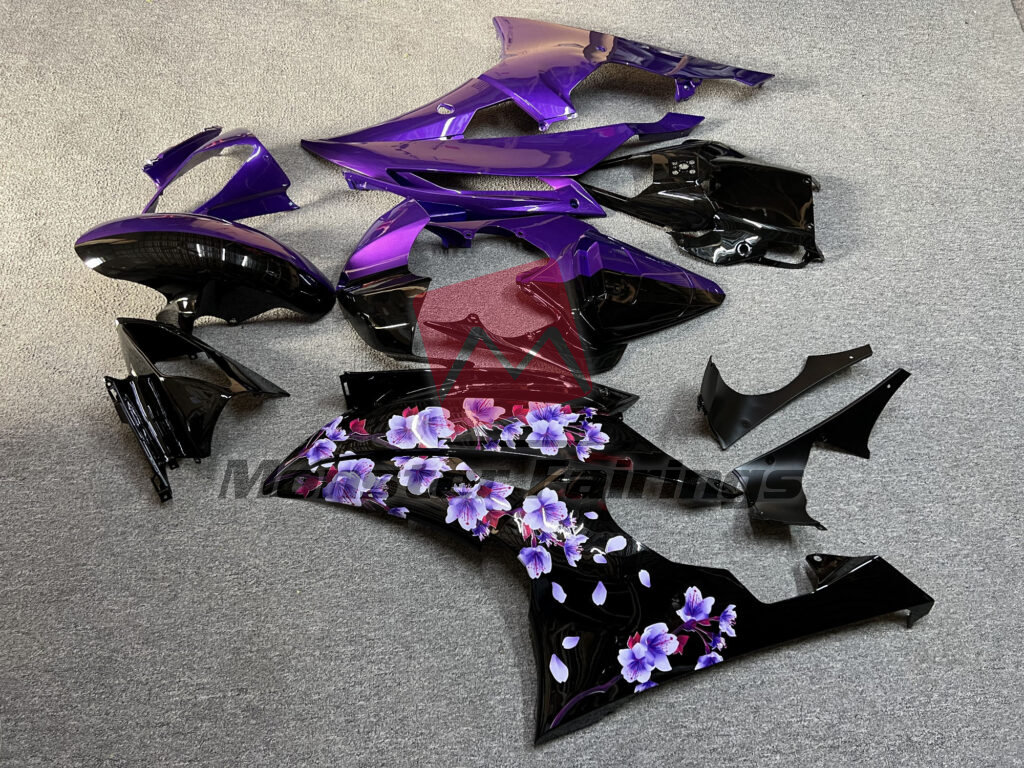 2008 - 2016 Yamaha R6 Gloss Black & Purple Cherry Blossom Split fairing set - ABS injection, custom painted by Monster Fairings