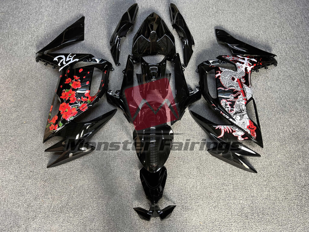 Kawasaki Ninja 650R 2020 - 2025 Gloss Black Dragon & Cherry Blossom ABS fairings - custom motorcycle bodywork kit by Monster Fairings