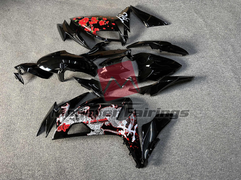 Monster Fairings ABS fairing kit for Kawasaki Ninja 650R 2020 - 2025 - Gloss Black Dragon & Cherry Blossom, precise OEM fit
