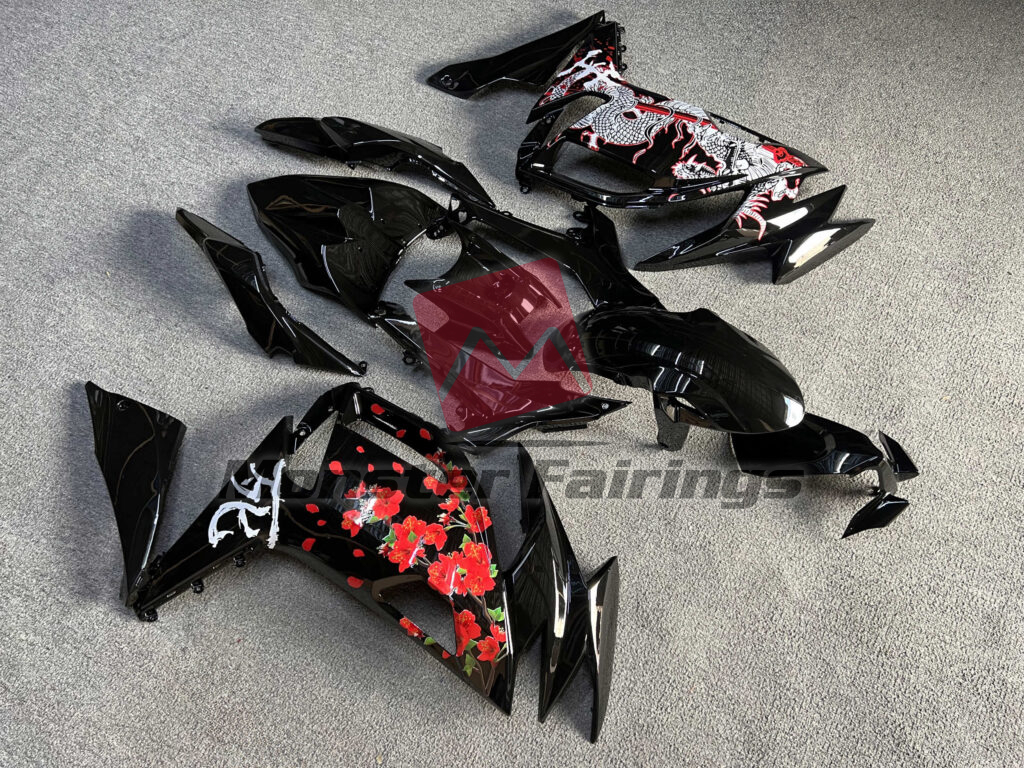 Kawasaki Ninja 650R 2020 - 2025 ABS fairings, Gloss Black Dragon & Cherry Blossom - high - quality motorcycle kit by Monster Fairings