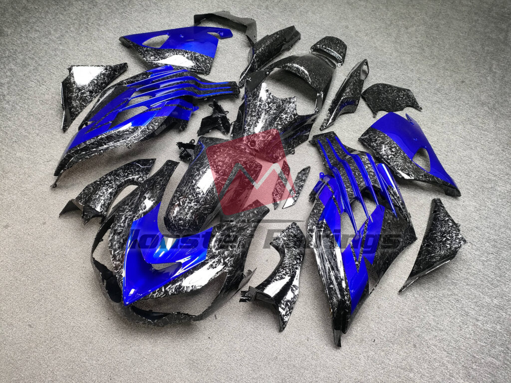 Kawasaki ZX14R custom ABS fairings 2012 - 2024 in Gloss Forged Carbon Fiber Candy Blue - durable replacement kit, Monster Fairings