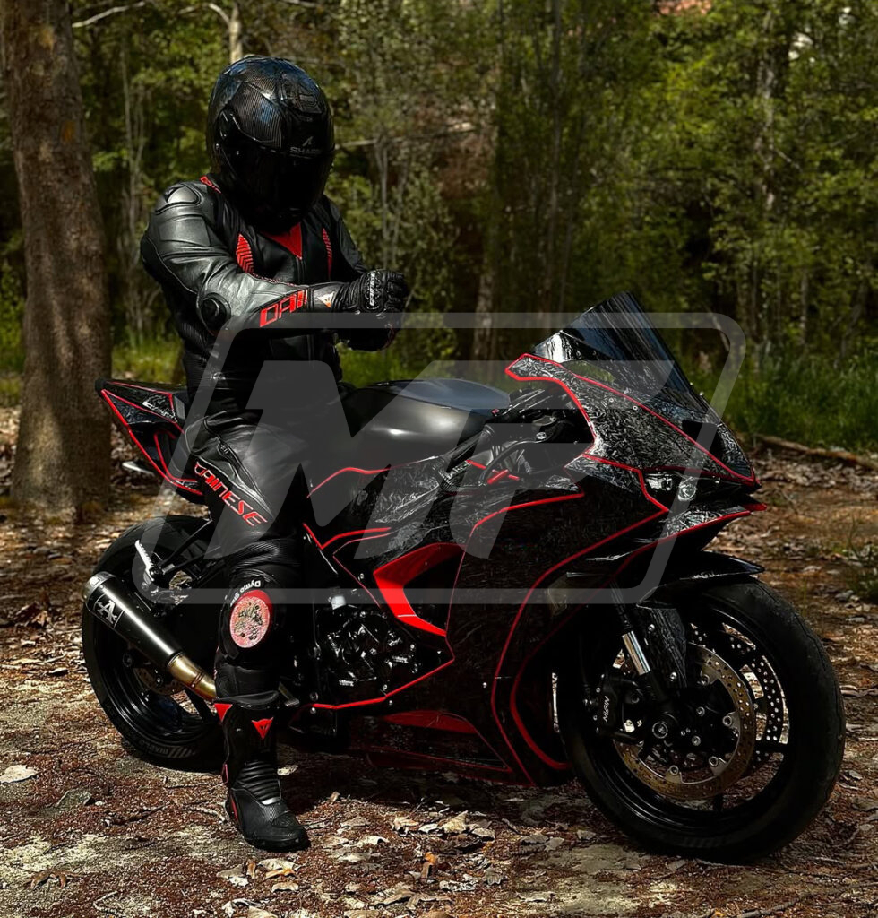 Gloss Forged Carbon Fiber Red & Matte Black ABS fairings for Kawasaki ZX6R 2024 - 2025 - premium OEM fit kit by Monster Fairings