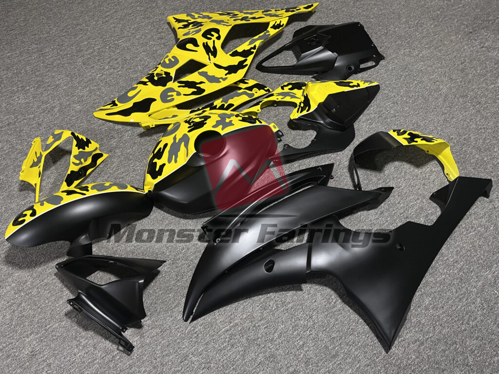 Yamaha R6 custom ABS fairings 2008 - 2016 in Matte Black & Gloss Yellow Camo Monster - durable replacement kit, Monster Fairings