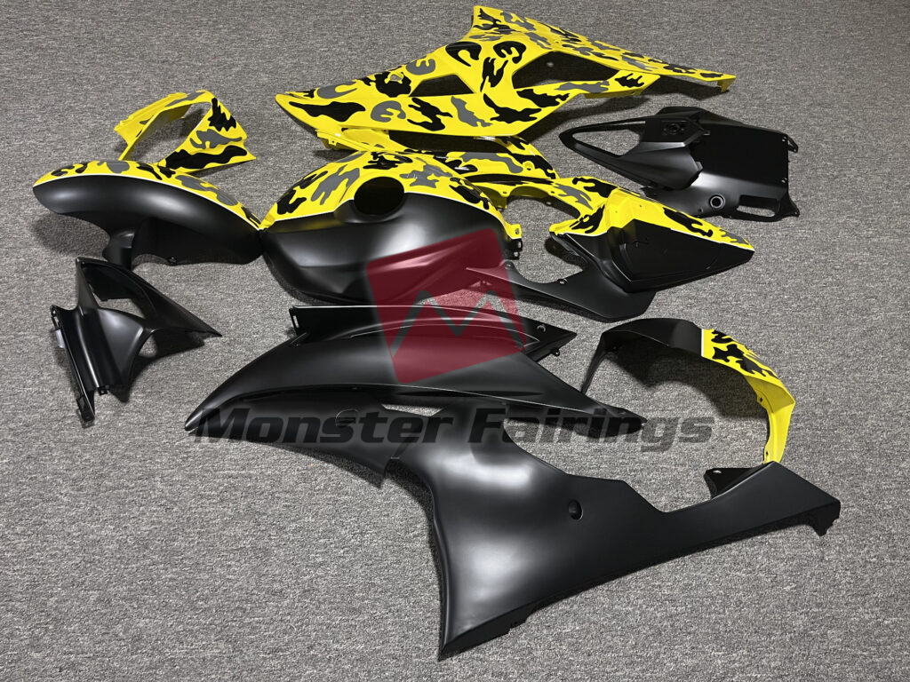 2008 - 2016 Yamaha R6 Matte Black & Gloss Yellow Camo Monster fairing set - ABS injection, custom painted by Monster Fairings