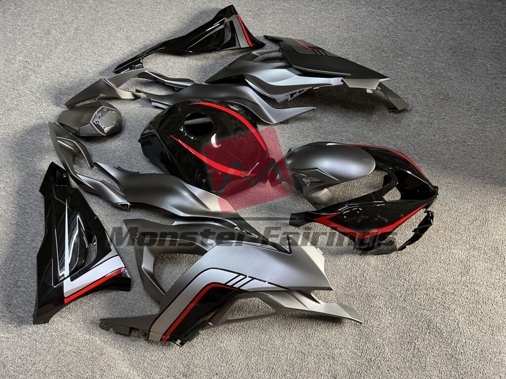 Kawasaki ZX6R custom ABS fairings 2024 - 2025 in Gloss Black Gray & Red - durable replacement kit, Monster Fairings