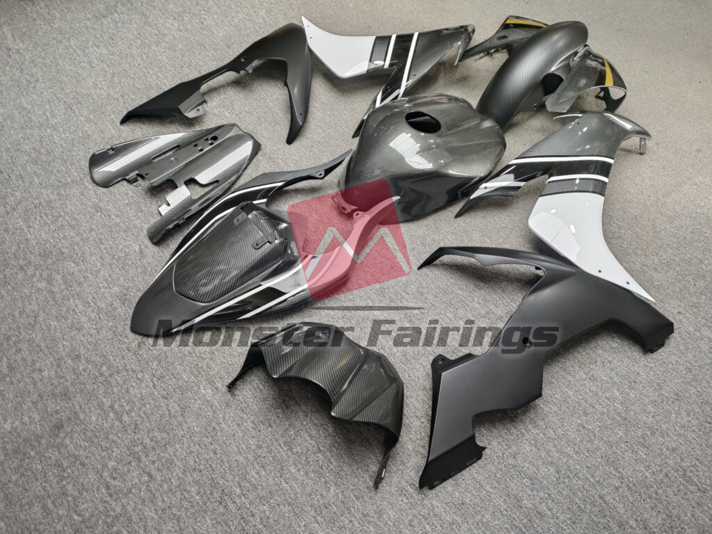 2004 - 2006 Yamaha R1 Gloss & Matte Carbon Fiber Black White fairing set - ABS injection, custom painted by Monster Fairings