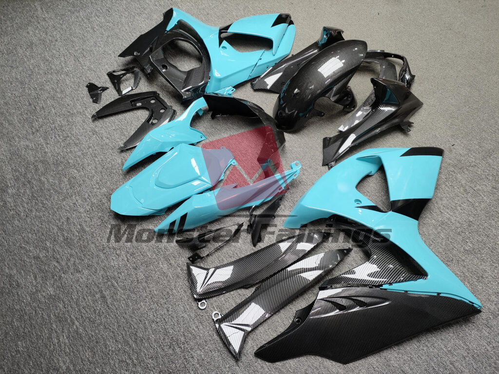 2009 - 2016 Suzuki GSXR 1000 Gloss Light Blue & Black Carbon Fiber fairing set - ABS injection, custom painted by Monster Fairings