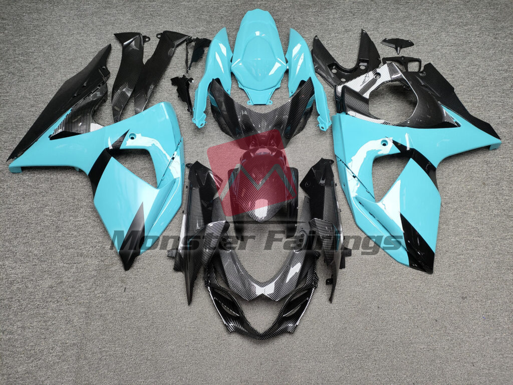 Suzuki GSXR 1000 2009 - 2016 Gloss Light Blue & Black Carbon Fiber ABS fairings - custom motorcycle bodywork kit by Monster Fairings
