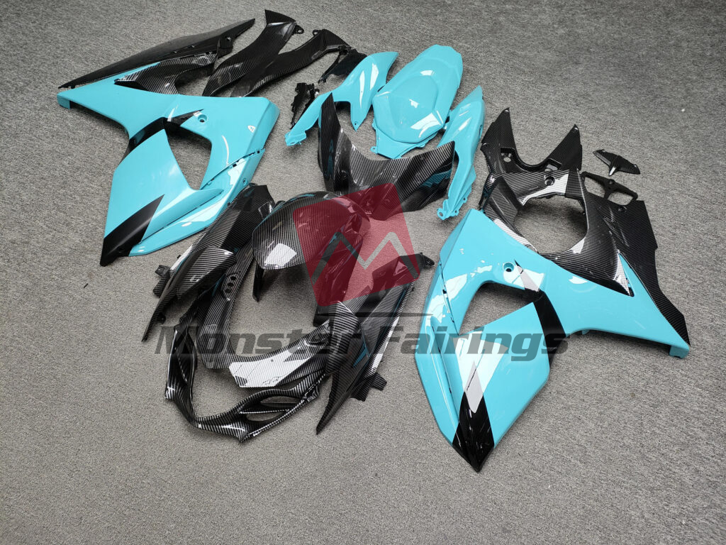 Suzuki GSXR 1000 custom ABS fairings 2009 - 2016 in Gloss Light Blue & Black Carbon Fiber - durable replacement kit, Monster Fairings