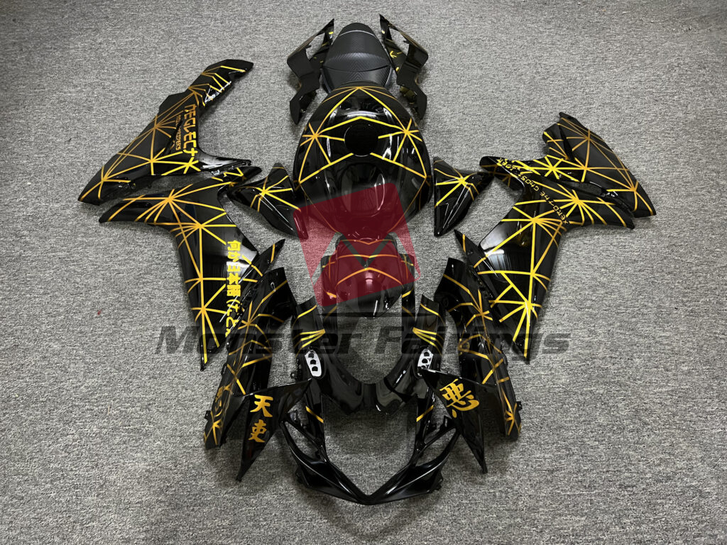 Suzuki GSXR 600 - 750 2011 - 2025 Gloss Black & Gold Line Pattern ABS fairings - custom motorcycle bodywork kit by Monster Fairings