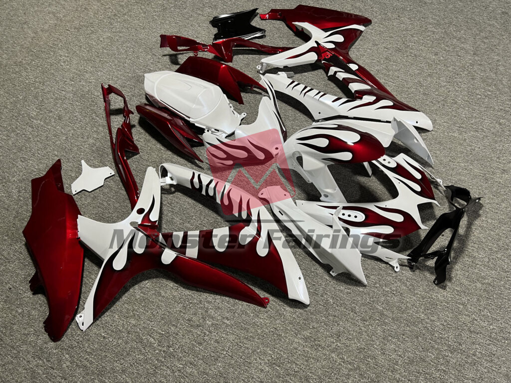 Suzuki GSXR 600 - 750 custom ABS fairings 2008 - 2010 in Gloss Pearl White Candy Red Flames - durable replacement kit, Monster Fairings