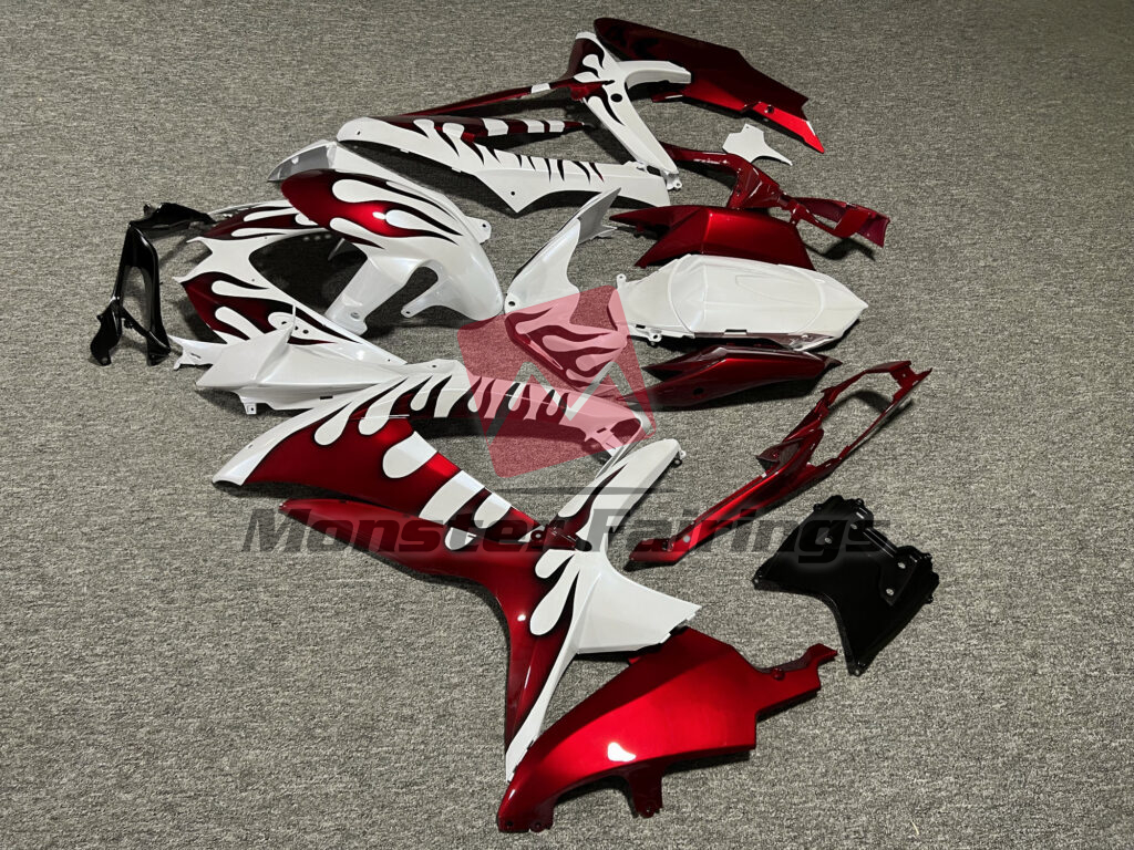 2008 - 2010 Suzuki GSXR 600 - 750 Gloss Pearl White Candy Red Flames fairing set - ABS injection, custom painted by Monster Fairings