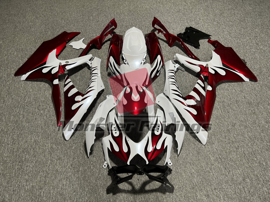 Suzuki GSXR 600 - 750 2008 - 2010 Gloss Pearl White Candy Red Flames ABS fairings - custom motorcycle bodywork kit by Monster Fairings