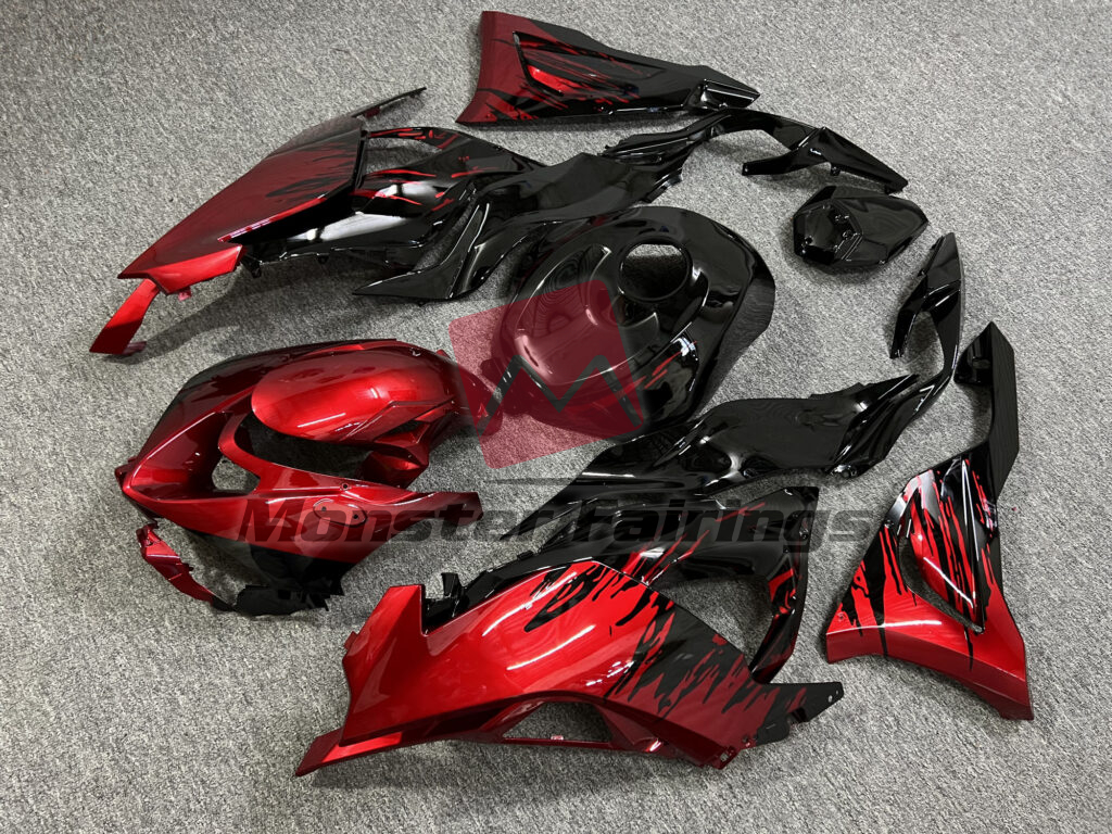 Kawasaki ZX6R custom ABS fairings 2024 - 2025 in Gloss Black & Candy Red Splash - durable replacement kit, Monster Fairings