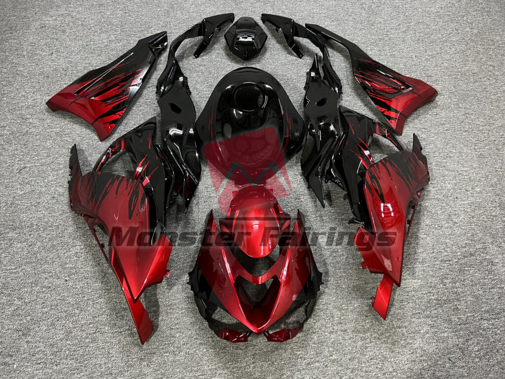 Kawasaki ZX6R 2024 - 2025 Gloss Black & Candy Red Splash ABS fairings - custom motorcycle bodywork kit by Monster Fairings