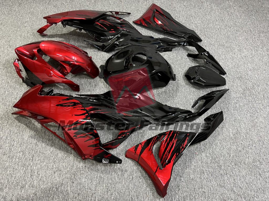 2024 - 2025 Kawasaki ZX6R Gloss Black & Candy Red Splash fairing set - ABS injection, custom painted by Monster Fairings