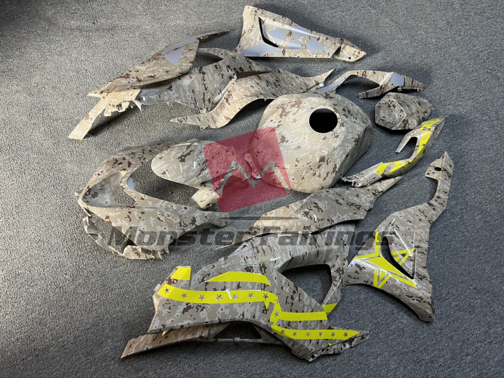 Kawasaki ZX6R custom ABS fairings 2024 - 2025 in Gloss Brown Digital Camo High Vis Yellow & Gray - durable replacement kit, Monster Fairings