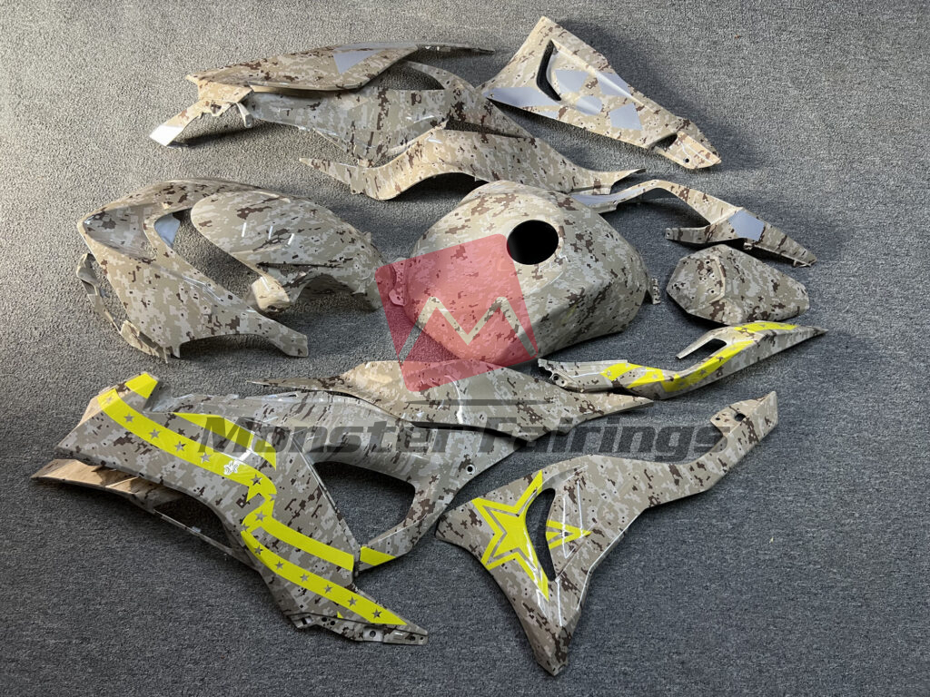 2024 - 2025 Kawasaki ZX6R Gloss Brown Digital Camo High Vis Yellow & Gray fairing set - ABS injection, custom painted by Monster Fairings