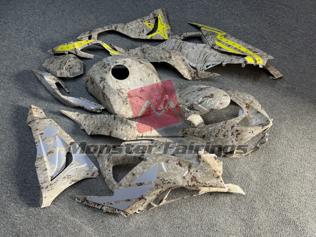 Gloss Brown Digital Camo High Vis Yellow & Gray ABS fairings for Kawasaki ZX6R 2024 - 2025 - premium OEM fit kit by Monster Fairings