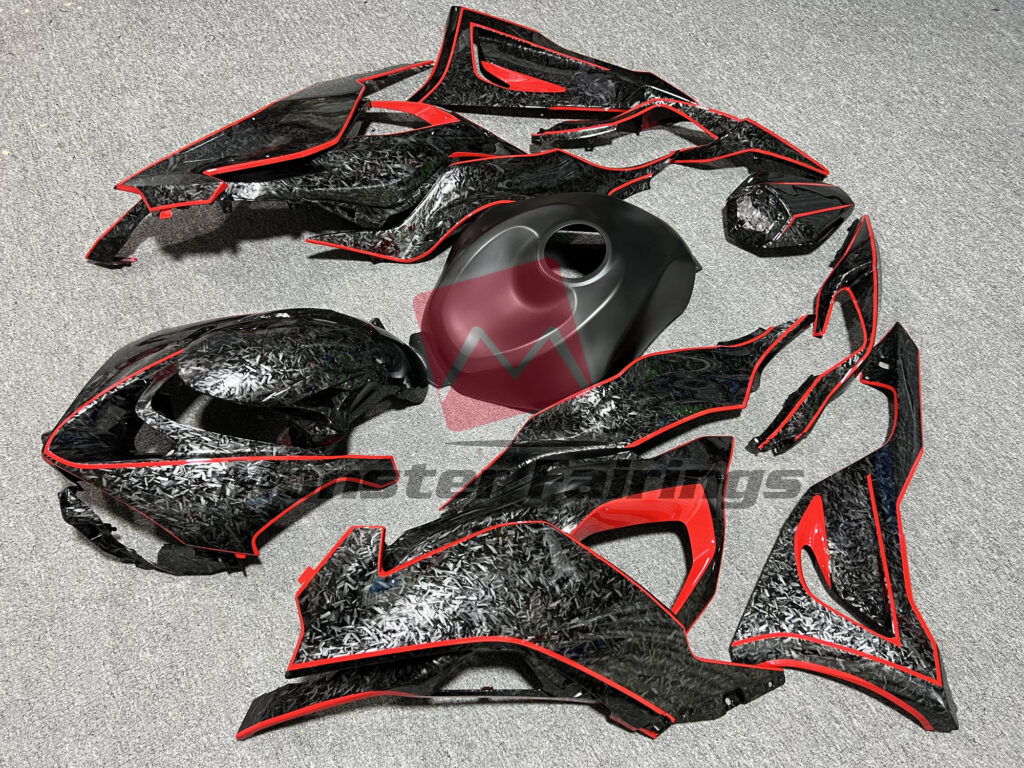 2024 - 2025 Kawasaki ZX6R Gloss Forged Carbon Fiber Red & Matte Black fairing set - ABS injection, custom painted by Monster Fairings