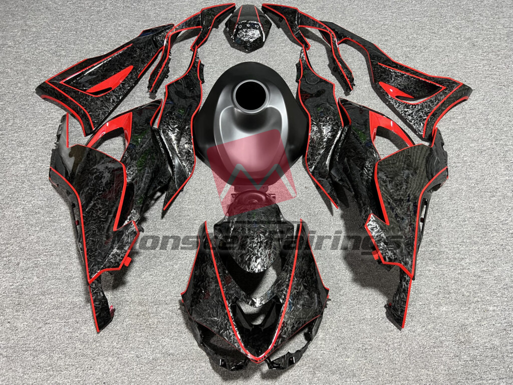 Kawasaki ZX6R 2024 - 2025 Gloss Forged Carbon Fiber Red & Matte Black ABS fairings - custom motorcycle bodywork kit by Monster Fairings