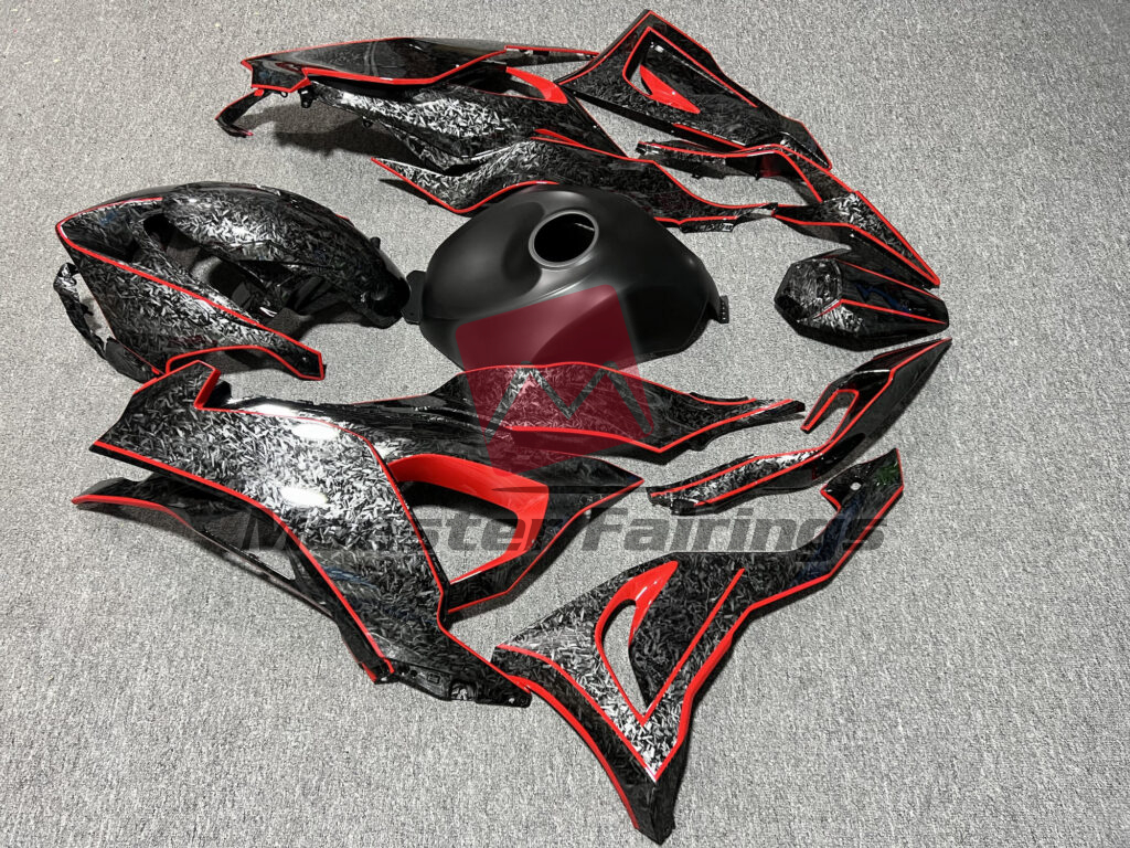 Kawasaki ZX6R custom ABS fairings 2024 - 2025 in Gloss Forged Carbon Fiber Red & Matte Black - durable replacement kit, Monster Fairings