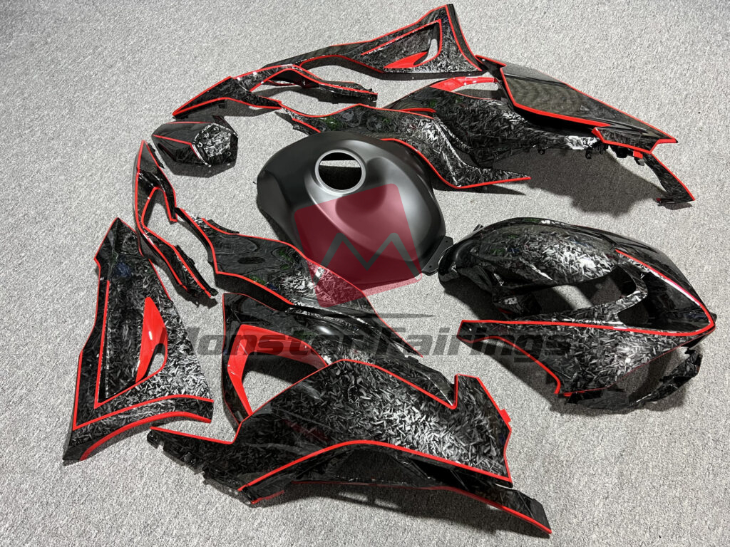 Monster Fairings ABS fairing kit for Kawasaki ZX6R 2024 - 2025 - Gloss Forged Carbon Fiber Red & Matte Black, precise OEM fit