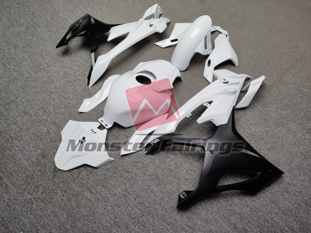 2023 - 2024 BMW S1000RR Gloss White & Matte Black fairing set - ABS injection, custom painted by Monster Fairings