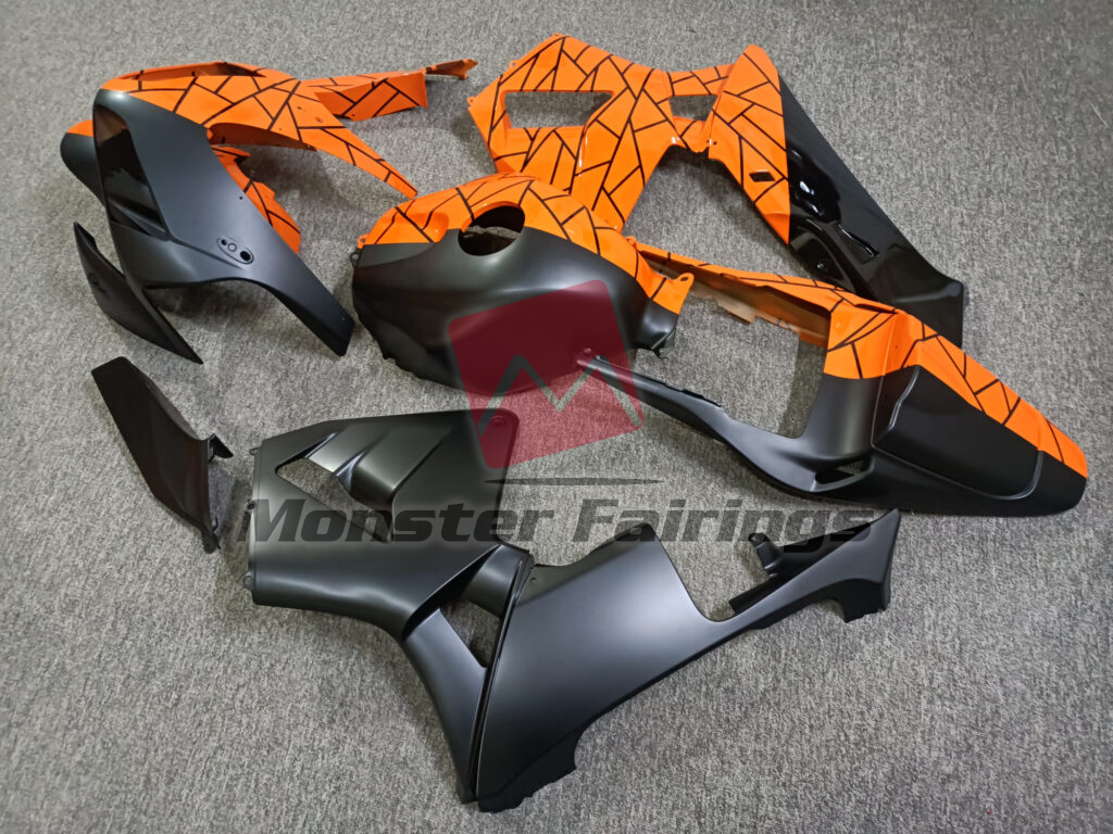 2003 - 2004 Honda CBR600RR Matte Black & Gloss Orange Pattern Split fairing set - ABS injection, custom painted by Monster Fairings