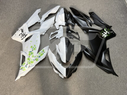 Kawasaki Ninja 400 2018-2024 Matte Black & White with Green Cherry Blossom Split ABS Fairings | Monster Fairings