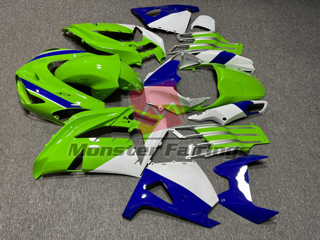 2012 - 2024 Kawasaki ZX14R Gloss Green & White Blue fairing set - ABS injection, custom painted by Monster Fairings