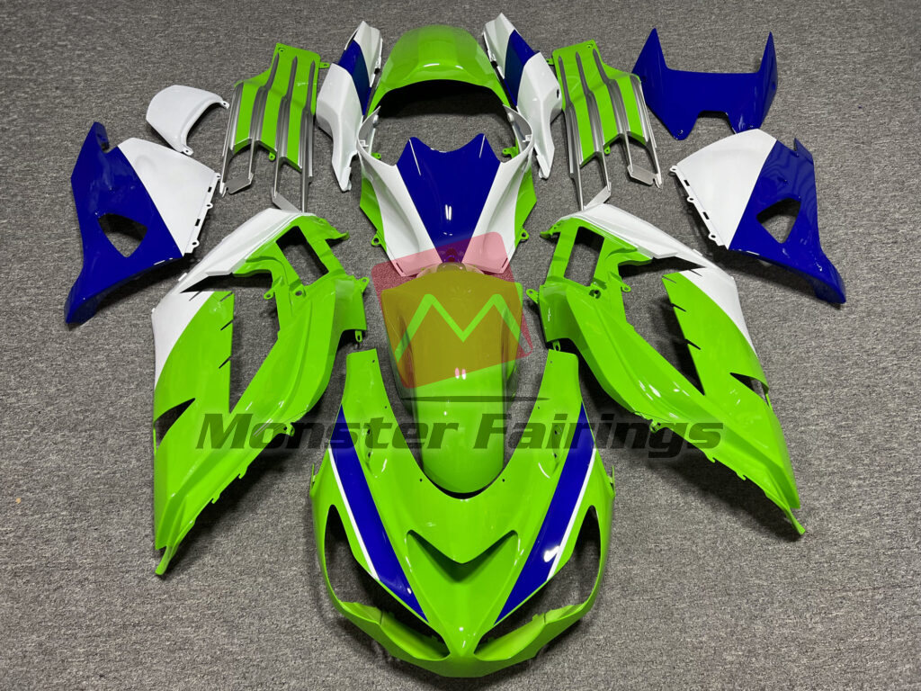 Kawasaki ZX14R 2012 - 2024 Gloss Green & White Blue ABS fairings - custom motorcycle bodywork kit by Monster Fairings