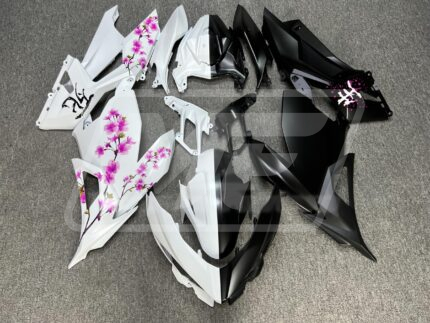 Kawasaki Ninja 400 2018-2024 Matte Black & White Pink Cherry Blossom Split ABS Fairings | Monster Fairings