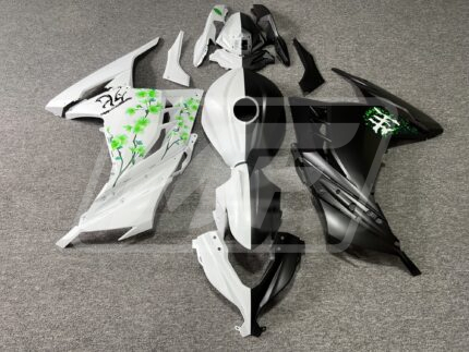 Kawasaki Ninja 300 2013-2022 Matte Black & White Green Cherry Blossom Split ABS Fairings | Monster Fairings