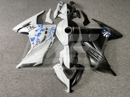 Kawasaki Ninja 300 2013-2022 Matte Black & White Blue Cherry Blossom Split ABS Fairings | Monster Fairings