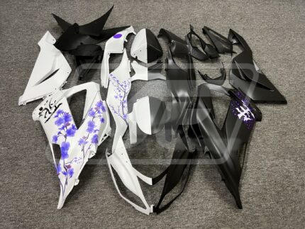 Kawasaki ZX6R 2013-2018 Matte Black & White Purple Cherry Blossom Split ABS Fairings | Monster Fairings