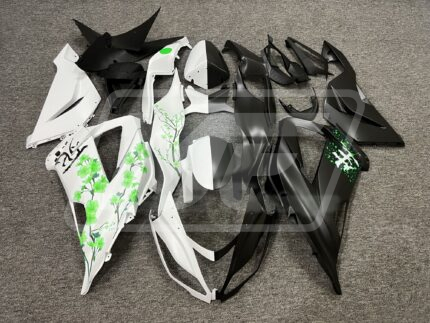 Kawasaki ZX6R 2013-2018 Matte Black & White Green Cherry Blossom Split ABS Fairings | Monster Fairings