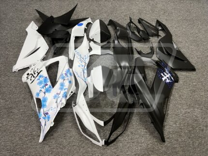 Kawasaki ZX6R 2013-2018 Matte Black & White Blue Cherry Blossom Split ABS Fairings | Monster Fairings