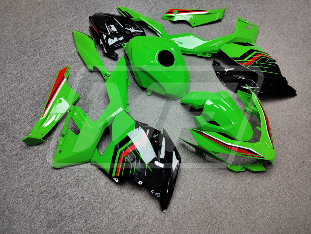 Kawasaki Ninja 400 custom ABS fairings 2018 - 2024 in Gloss Green & Black Red White - durable replacement kit, Monster Fairings