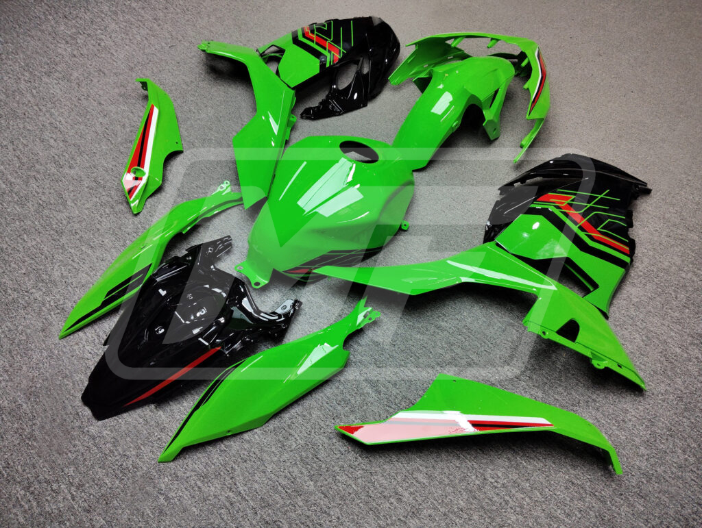 2018 - 2024 Kawasaki Ninja 400 Gloss Green & Black Red White fairing set - ABS injection, custom painted by Monster Fairings